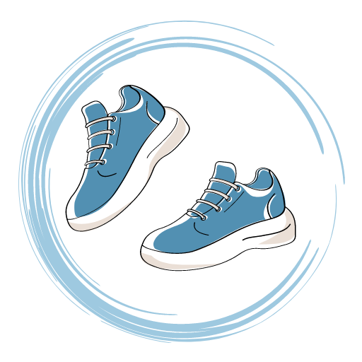 A pair of playful dusty blue sneakers is drawn to appear in motion against a light bluish cyan background.